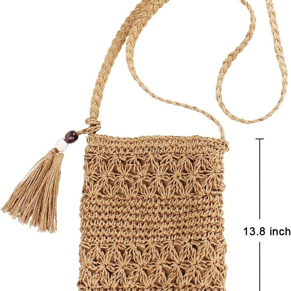 Women Straw Crossbody Purse Beach Handmade Woven Shoulder Bag with Tassels - Picture 2 of 7